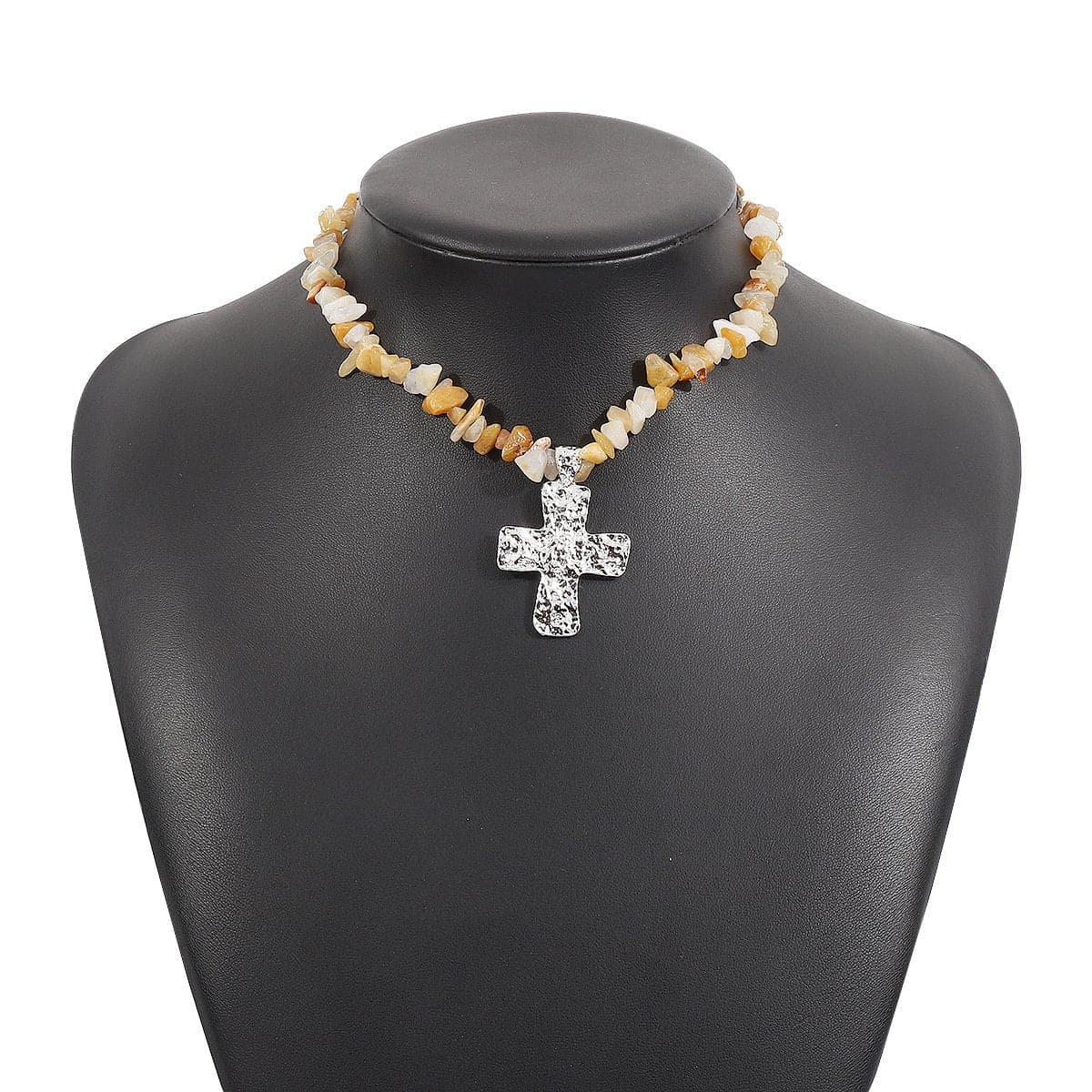 Cross pendant beaded metal chain necklace