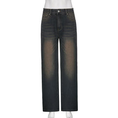 Gradient button straight leg high rise jeans