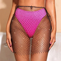 Fishnet self tie beaded hollow out cut out mini skirt