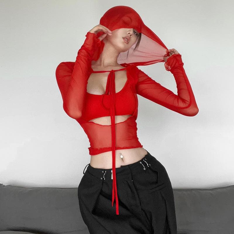 Long sleeve solid mesh hoodie self tie hollow out crop cut out top