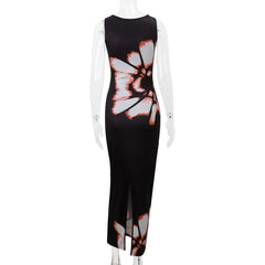 Crewneck hollow out print tank cut out maxi dress