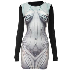 Body print contrast long sleeve round neck mini dress