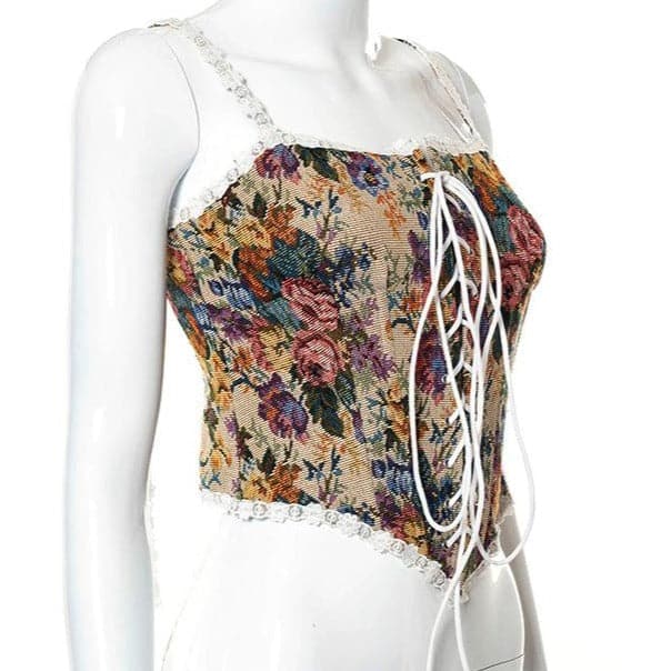 Floral embroidery lace up front bustier cami top