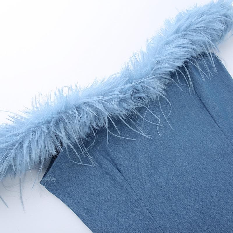 Feather off shoulder solid backless zip-up denim mini dress