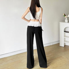 Mesh patchwork lace hem ruched low rise pant