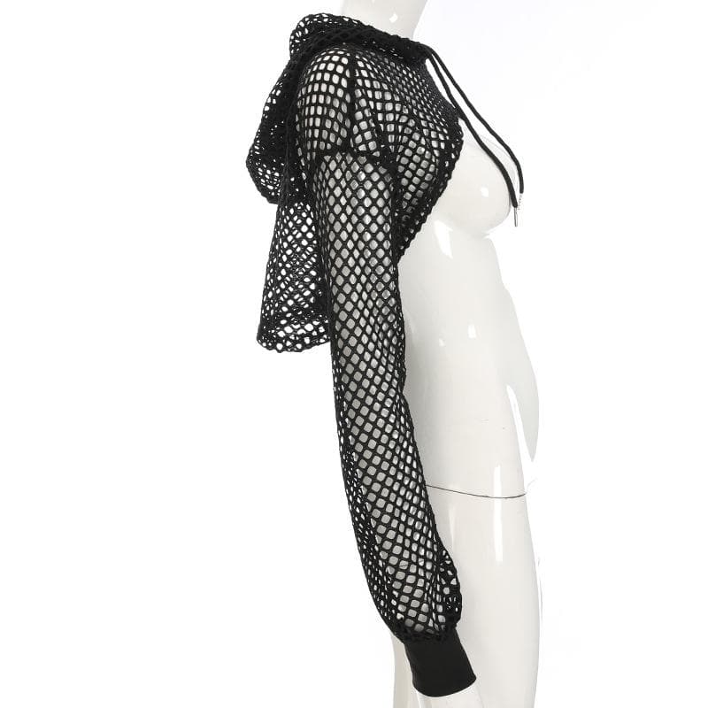 Fishnet hollow out solid long sleeve hoodie shrug cut out top