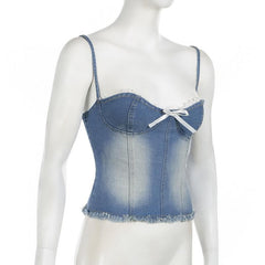 Denim bowknot zip-up raw hem lace hem cami top