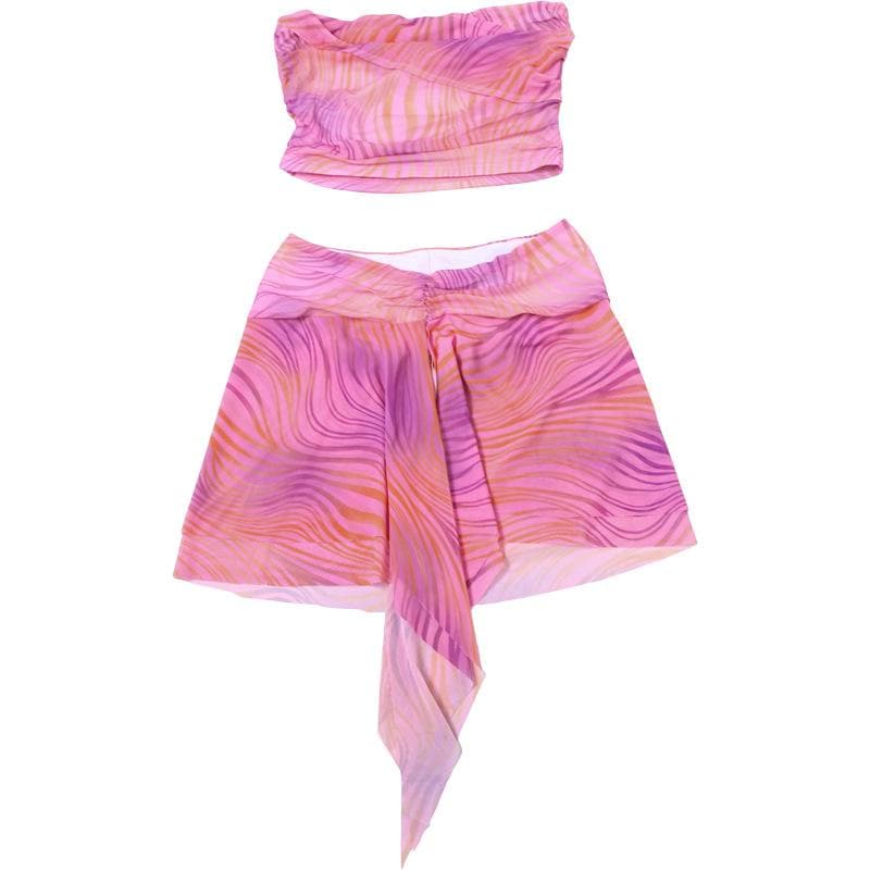 Backless tie dye ruffle tube mini skirt set