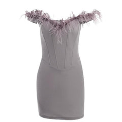 Feather backless zip-up off shoulder corset mini dress - Final Sale