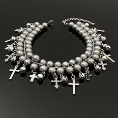 Faux pearl cross layered choker necklace