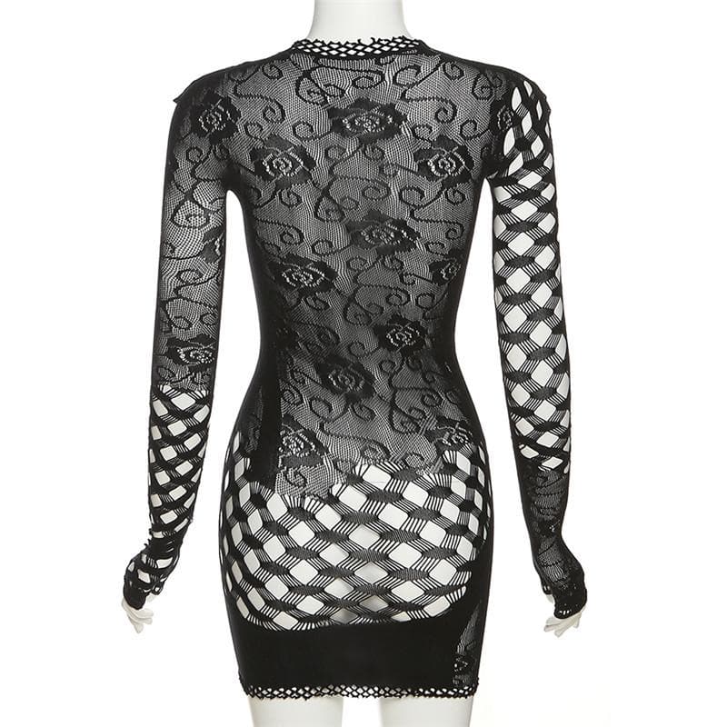 Fishnet long sleeve hollow out see through irregular cut out mini dress