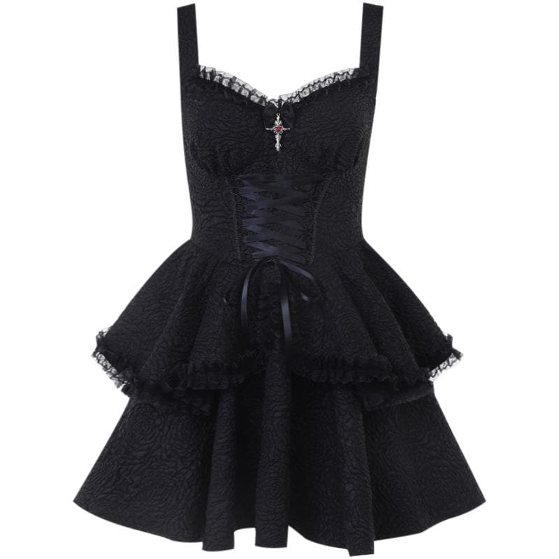 Backless lace up zip-up textured solid lace hem mini dress | victorian gothic dresses