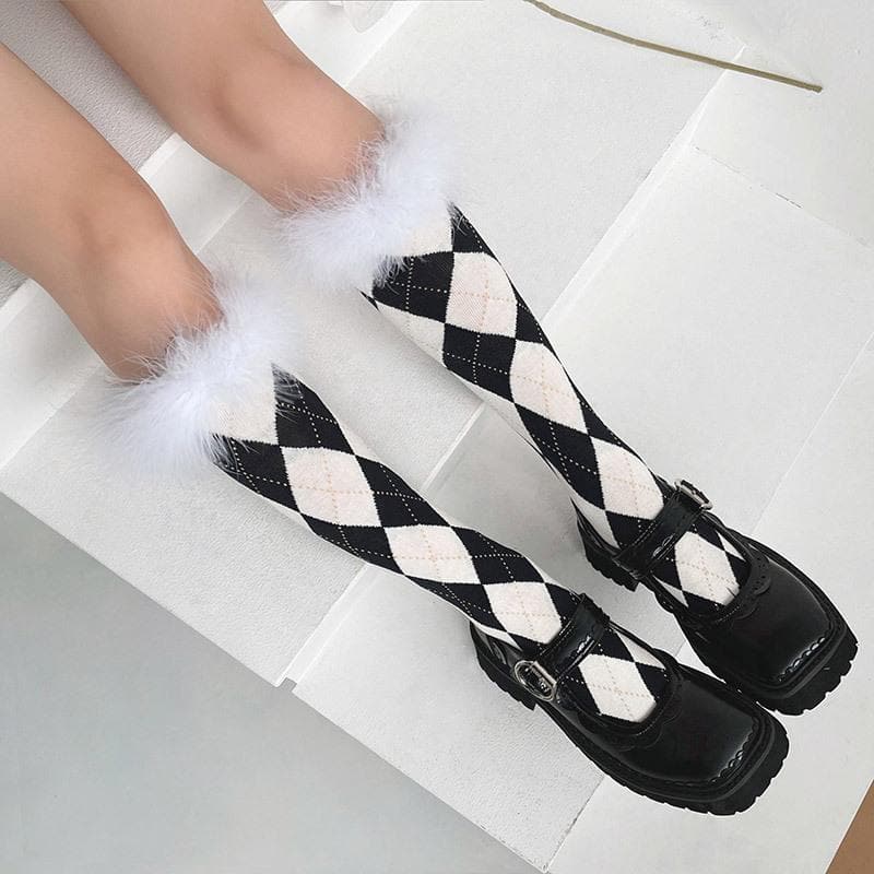 Feather plaid contrast knee high socks