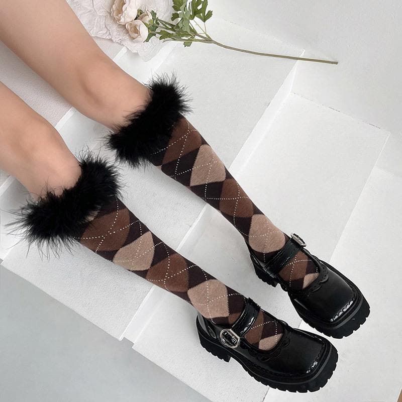 Feather plaid contrast knee high socks