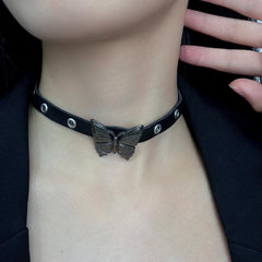 Black PU leather butterfly choker necklace