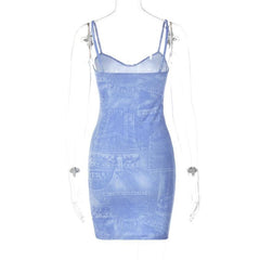 Denim print v neck backless cami mini dress