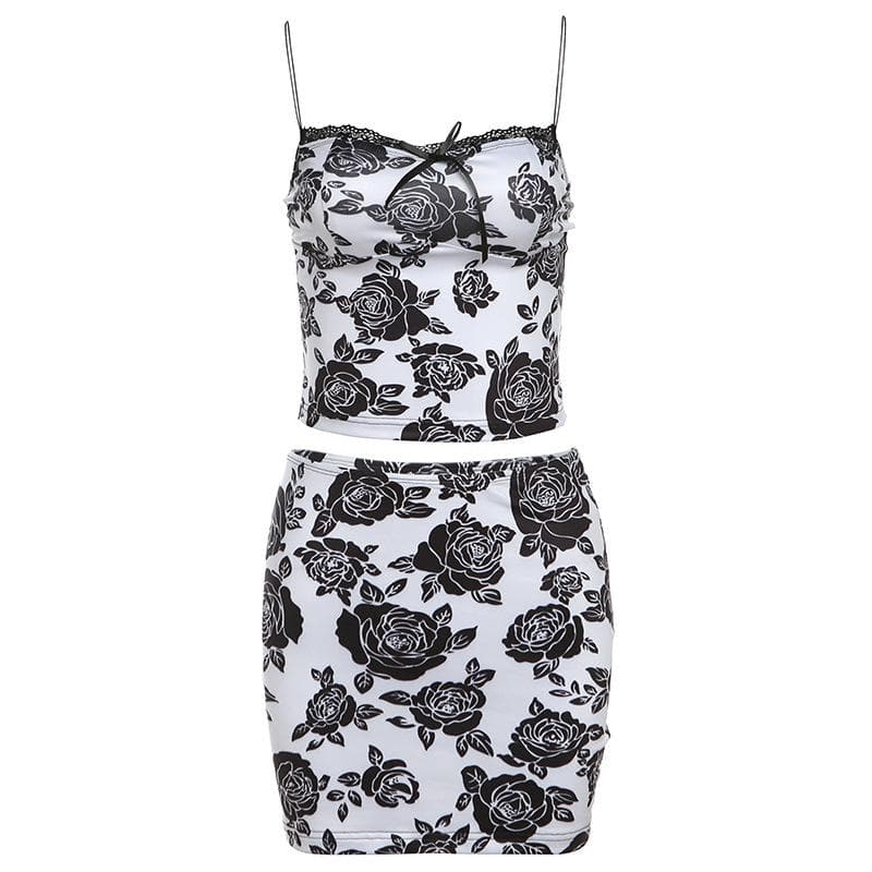 Bowknot rose print lace hem mini skirt set