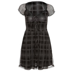 Mesh short sleeve plaid A line ruffled dress