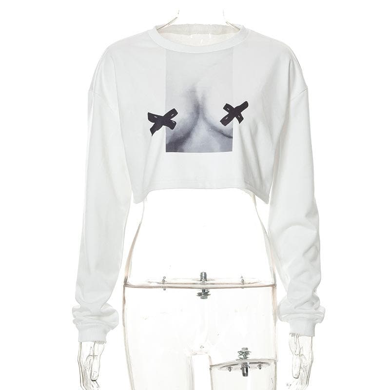 Body print long sleeve crewneck contrast crop top