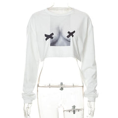 Body print long sleeve crewneck contrast crop top