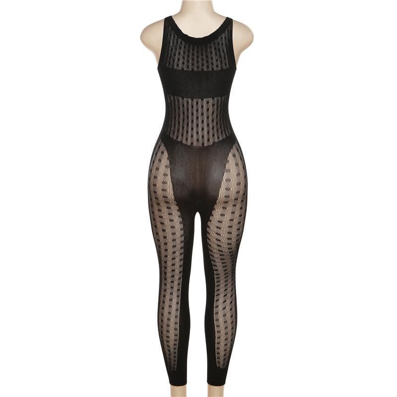 Fishnet button sleeveless solid hollow out jumpsuit