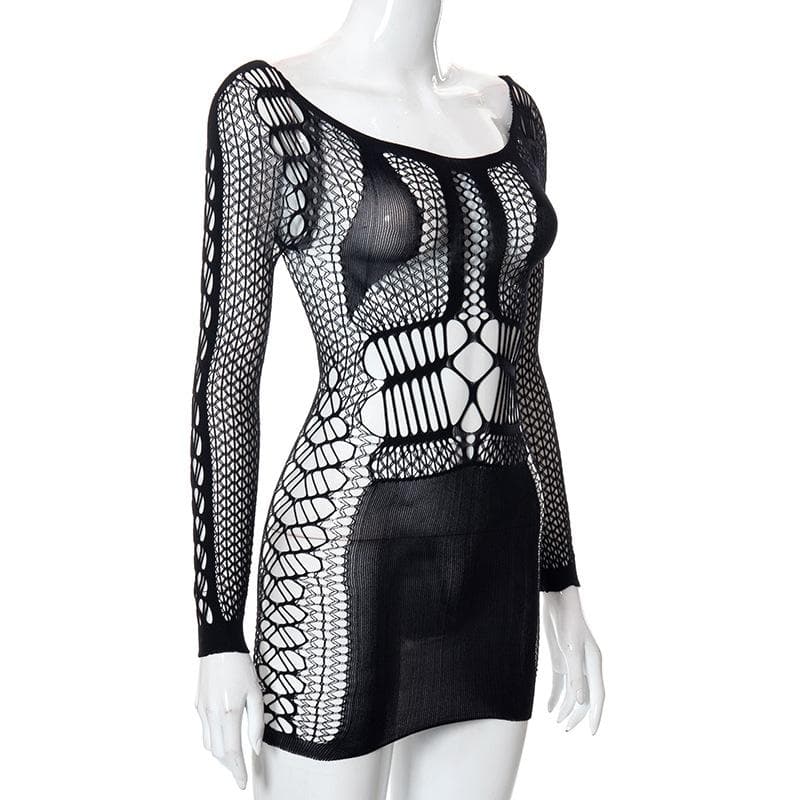 Fishnet long sleeve hollow out see through cut out mini dress