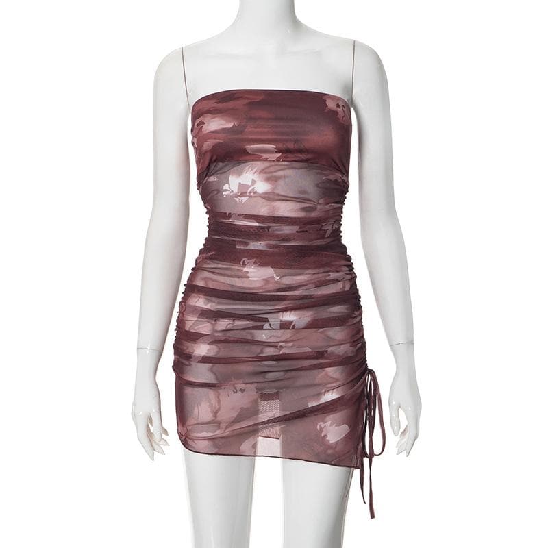 Drawstring tie dye mesh ruched tube mini dress