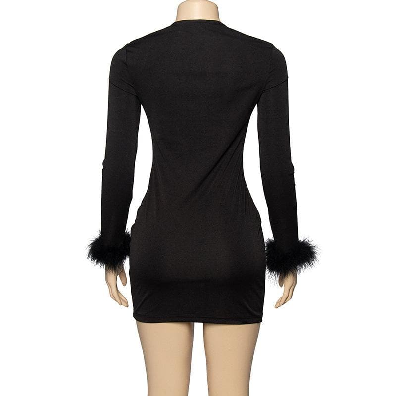 Feather patchwork solid long sleeve low cut mini dress