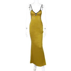 Backless v neck self tie contrast hollow out cami cut out maxi dress