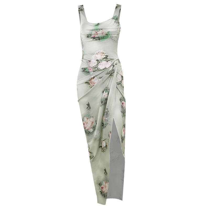 Flower print cowl neck contrast slit ruched sleeveless maxi skirt set