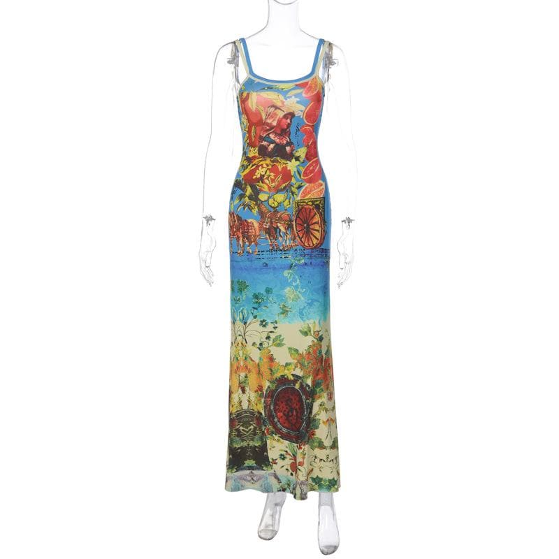 Backless abstract contrast u neck sleeveless maxi dress