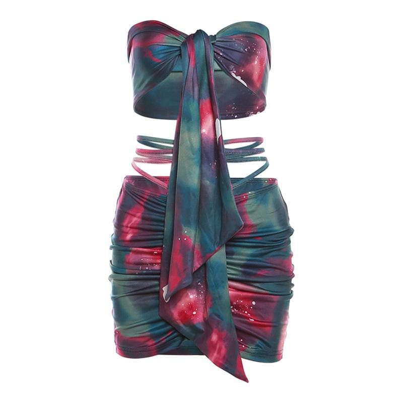 Backless self tie ruched tie dye drawstring contrast mini skirt set