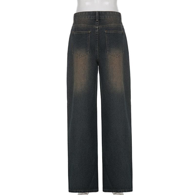 Gradient button straight leg high rise jeans