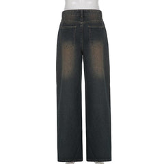 Gradient button straight leg high rise jeans