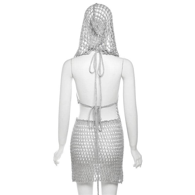 Crochet hoodie sleeveless backless hollow out irregular mini skirt set