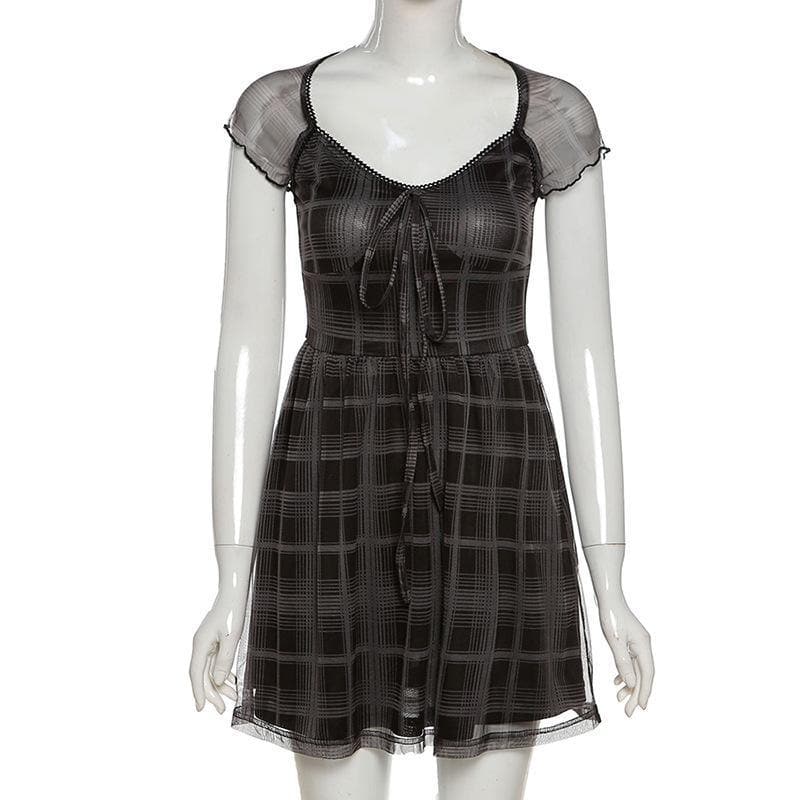 Mesh short sleeve plaid A line ruffled dress