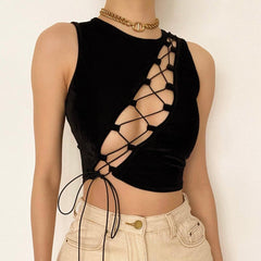 Crewneck lace up sleeveless ribbed crop top